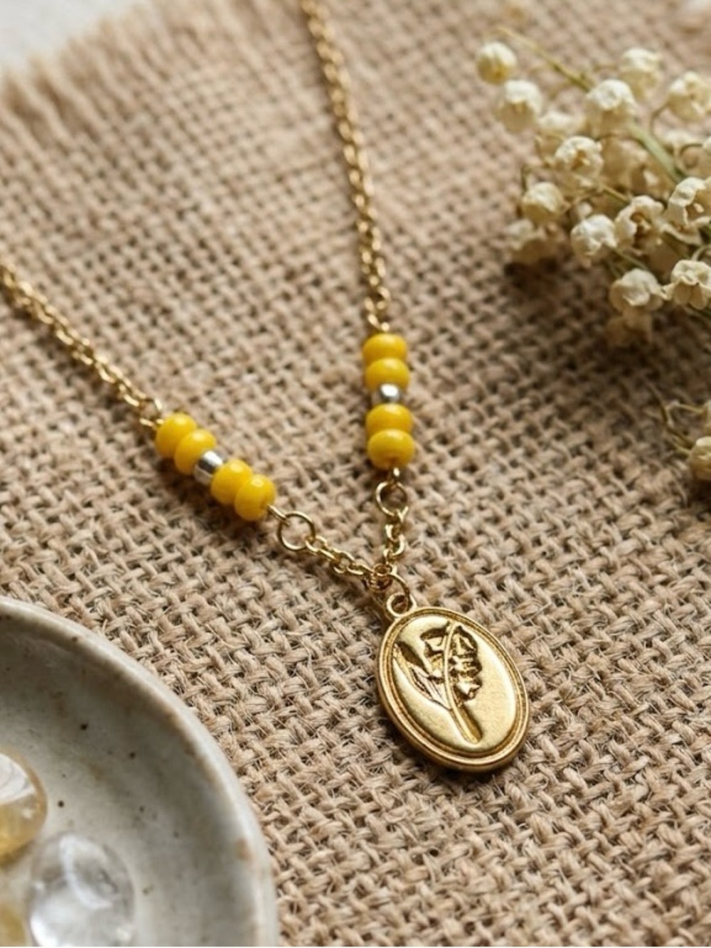 Gold Floral Oval Pendant Necklace with Yellow Bead Accents - Women Jewelry
